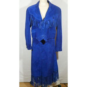 VTG Leather City 2 Piece Blue Leather Fringe Jacket and Wrap Skirt Midi